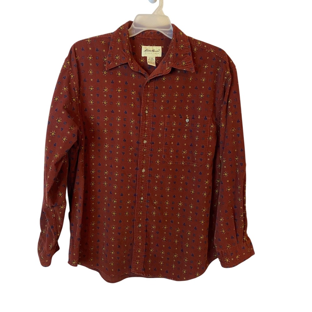 Eddie Bauer Mens Rust Red Corduroy Sun Print Button Down Shirt XL Vintage 90s